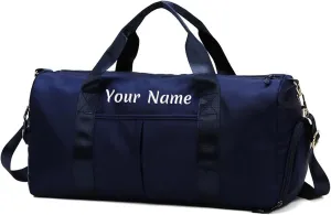 Personalized Duffel, Custom Name Embroidered Gym Bag With Wet and Dry Pocket & Shoe Compartment - Sports, Overnight Excursion, Weekend Travel, Dance & Yoga (Navy Blue)