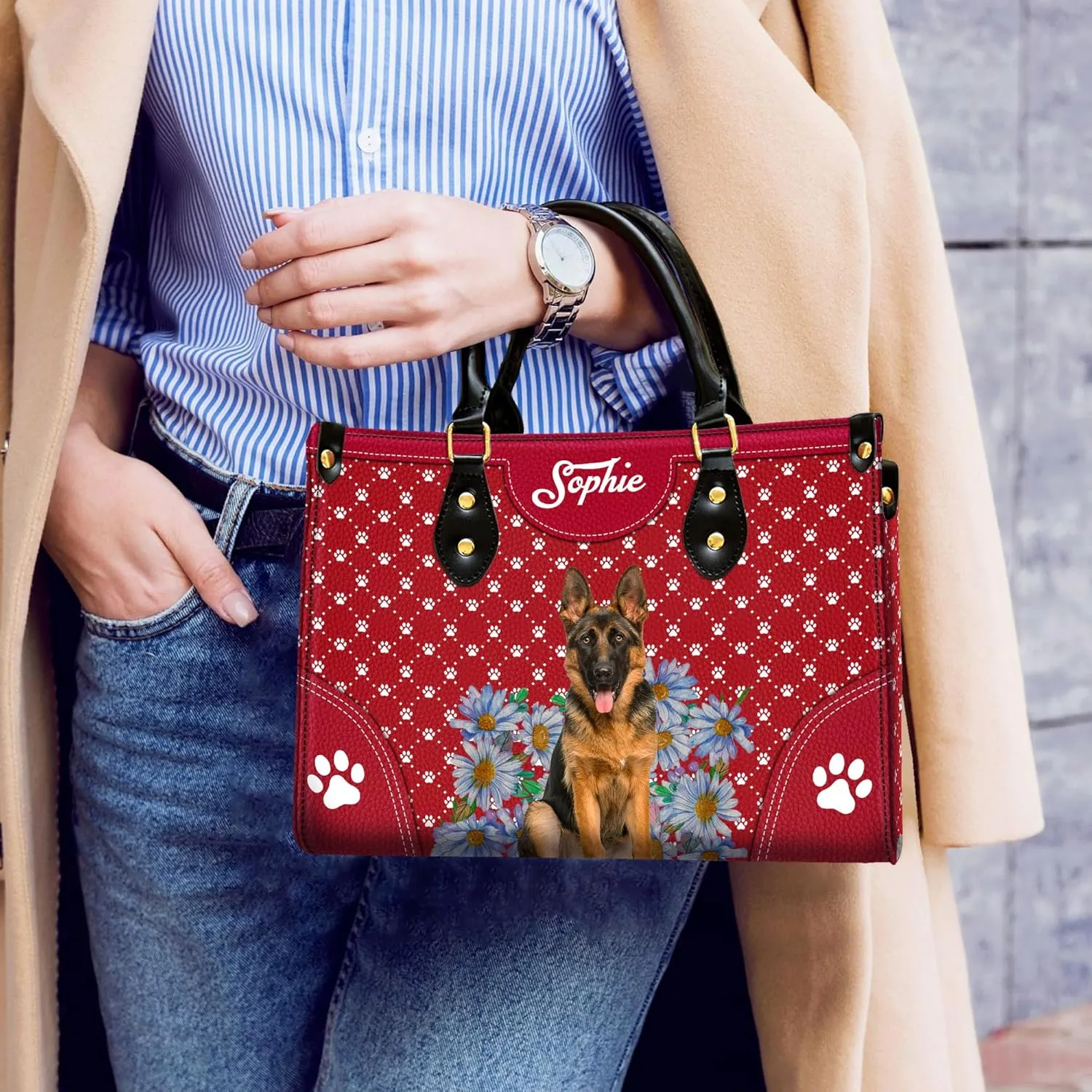 Personalized German Shepherd Dog Handbags, Custom Name Dog Leather Bags, Purses, Shoulder Bag, Gift For Dog Mom Dog Lover