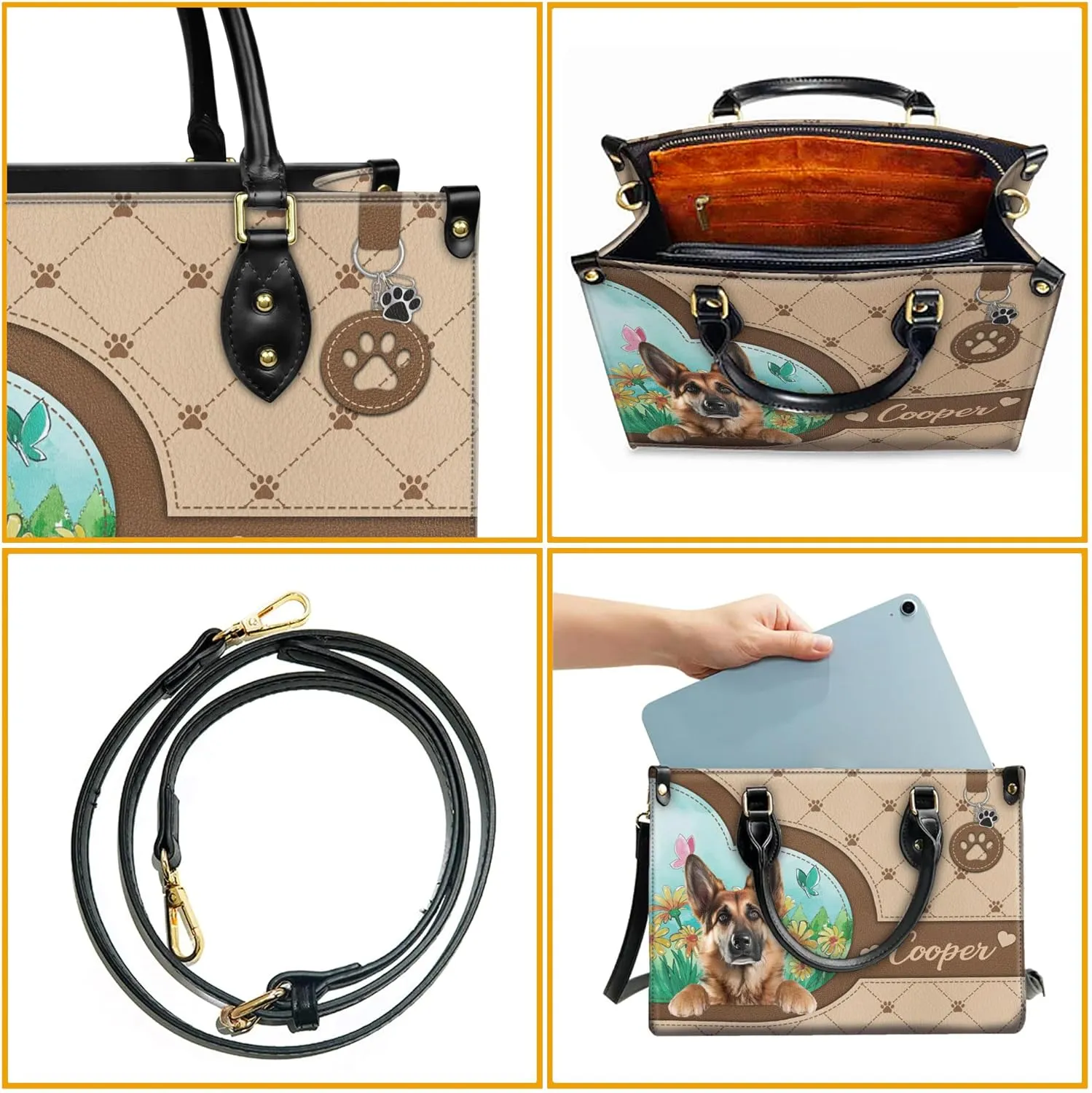 Personalized German Shepherd Dog Handbags, Custom Name Dog Leather Bags, Purses, Shoulder Bag, Gift For Dog Mom Dog Lover