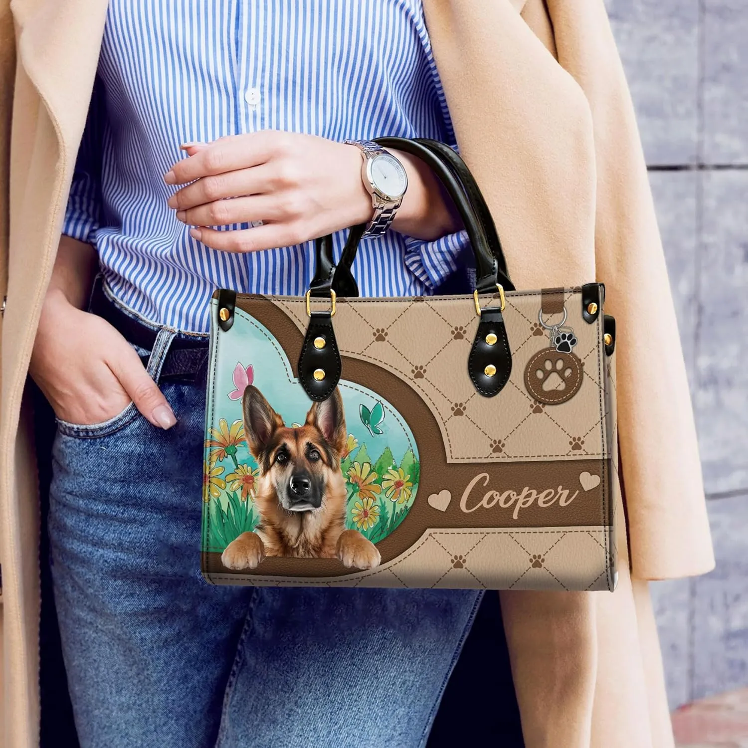 Personalized German Shepherd Dog Handbags, Custom Name Dog Leather Bags, Purses, Shoulder Bag, Gift For Dog Mom Dog Lover