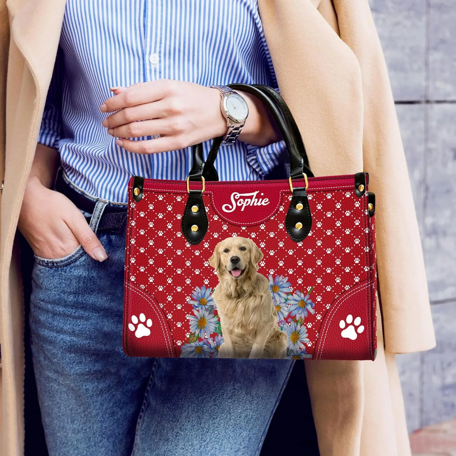 Personalized Golden Retriever Dog Handbags, Custom Name Dog Leather Bags, Purses, Shoulder Bag, Gift For Dog Mom Dog Lover