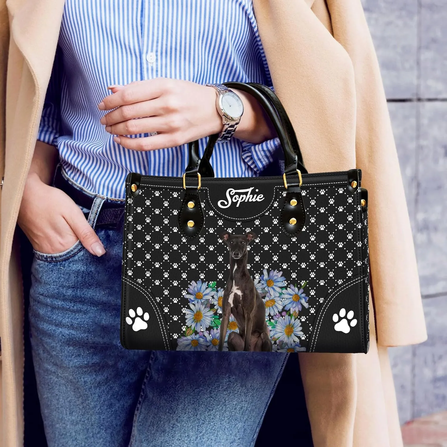 Personalized Italian Greyhound Dog Handbags, Custom Name Dog Leather Bags, Purses, Shoulder Bag, Gift For Dog Mom Dog Lover