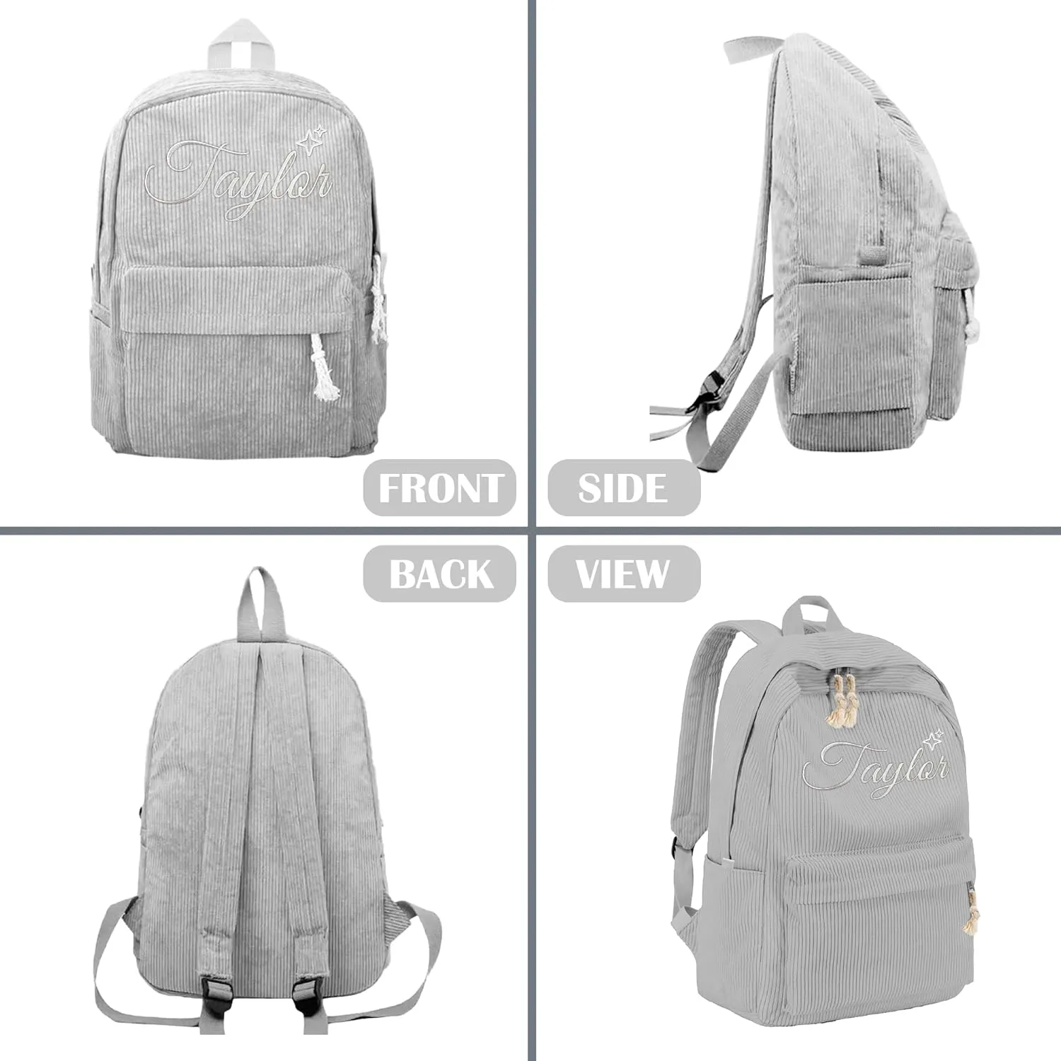 Personalized Kids Backpack With Name, Custom Toddler Preschool Daycare Backpack For Teens Girls Boys, Casual Cute Kids School Bookbag For Camping Sport, Back To School Gifts (Grey)