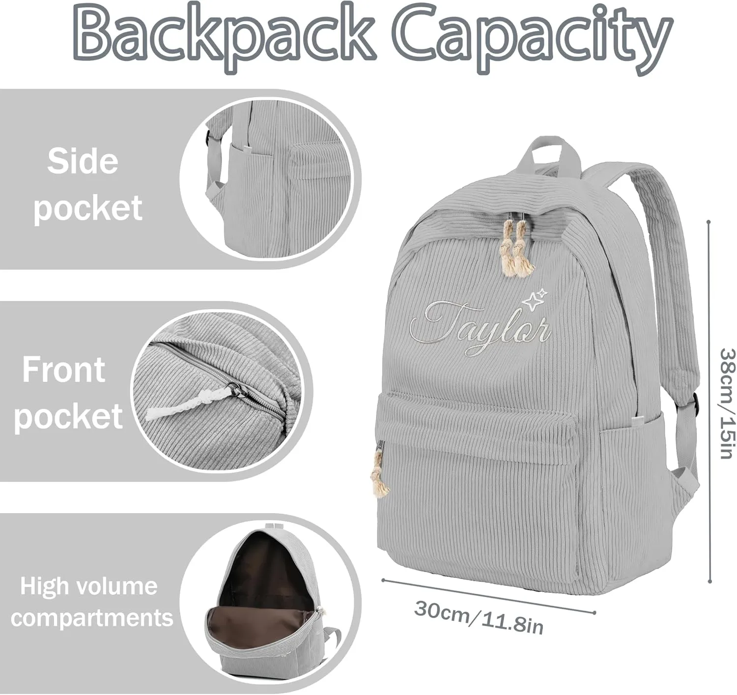 Personalized Kids Backpack With Name, Custom Toddler Preschool Daycare Backpack For Teens Girls Boys, Casual Cute Kids School Bookbag For Camping Sport, Back To School Gifts (Grey)