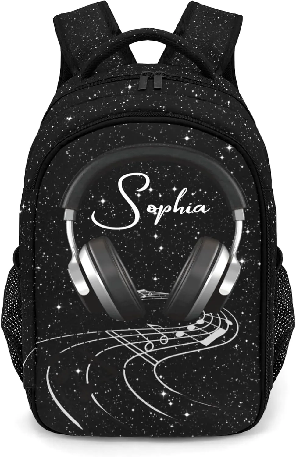 Personalized Listen Music Earphone Black Bling Print Backpack Casual Bag Daypack Laptop Bag for Family Party Gift