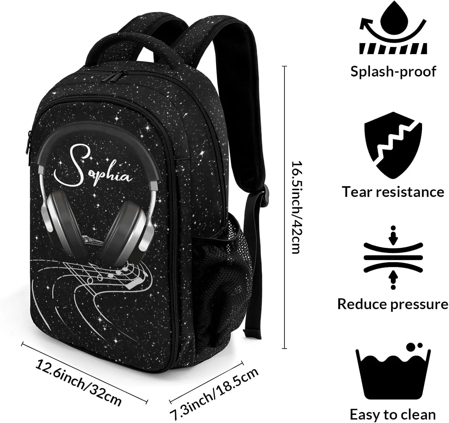 Personalized Listen Music Earphone Black Bling Print Backpack Casual Bag Daypack Laptop Bag for Family Party Gift