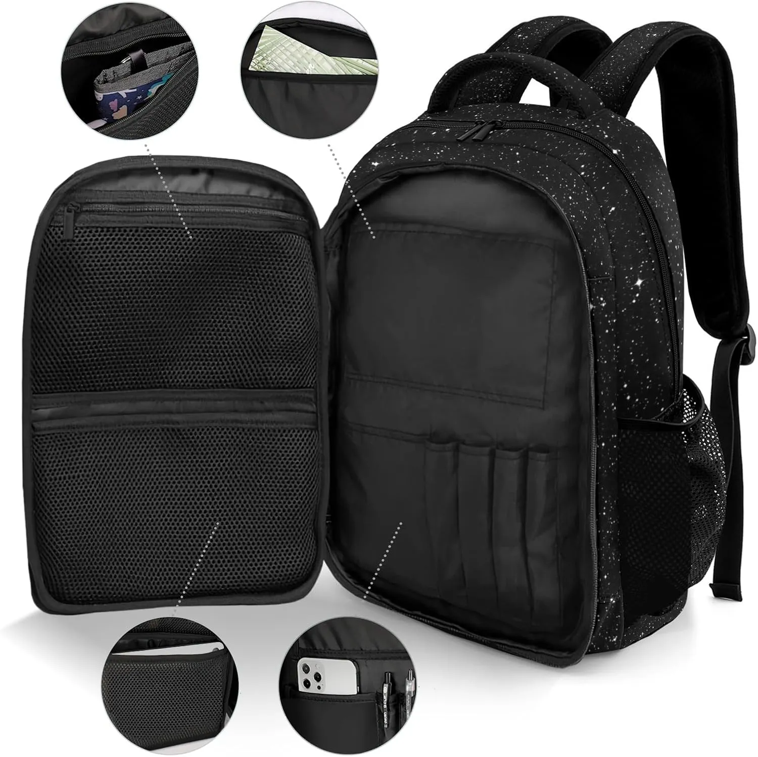 Personalized Listen Music Earphone Black Bling Print Backpack Casual Bag Daypack Laptop Bag for Family Party Gift