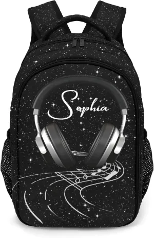 Personalized Listen Music Earphone Black Bling Print Backpack Casual Bag Daypack Laptop Bag for Family Party Gift