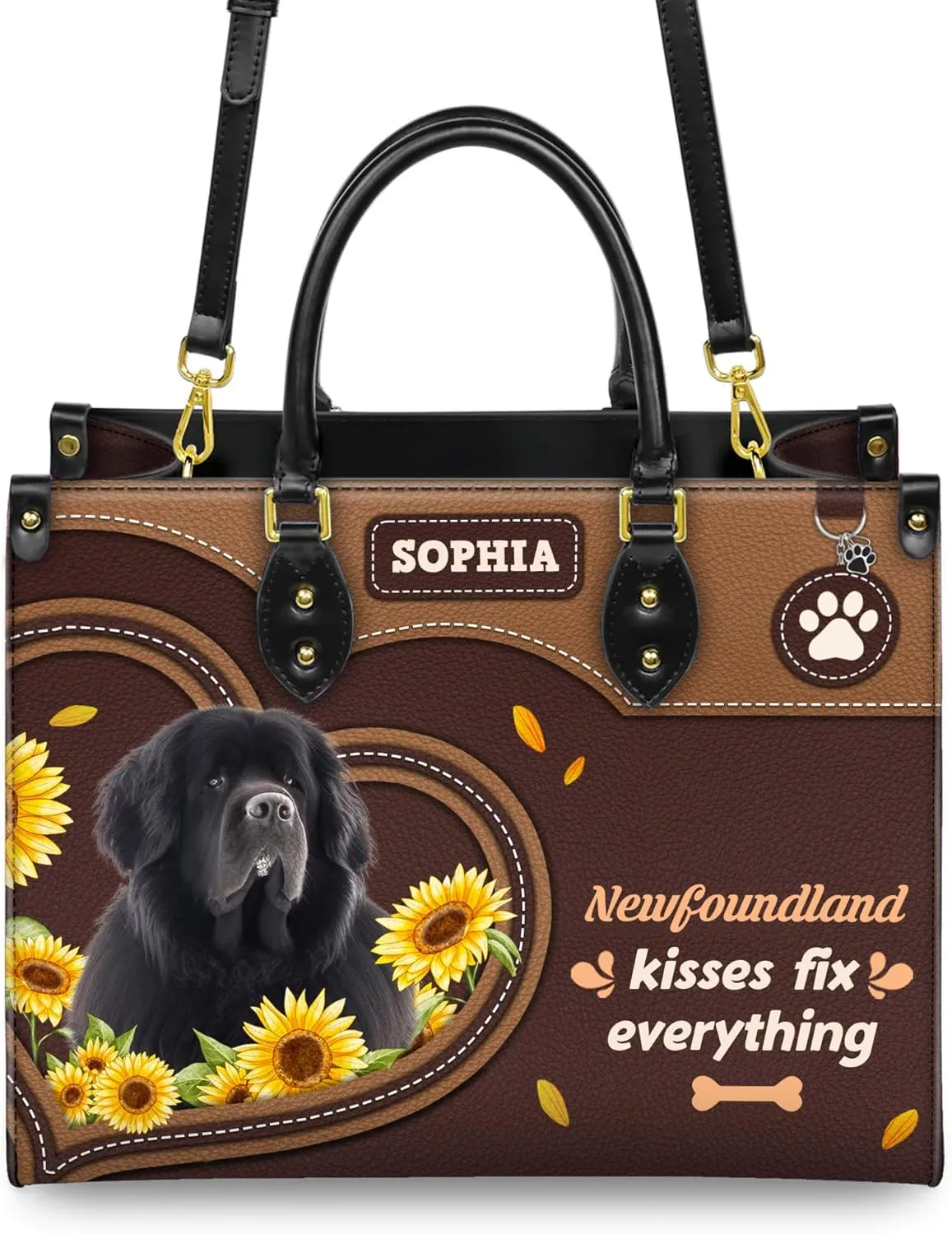 Personalized Newfoundland Dog Handbags, Custom Name Dog Leather Bags, Purses, Shoulder Bag, Gift For Dog Mom Dog Lover