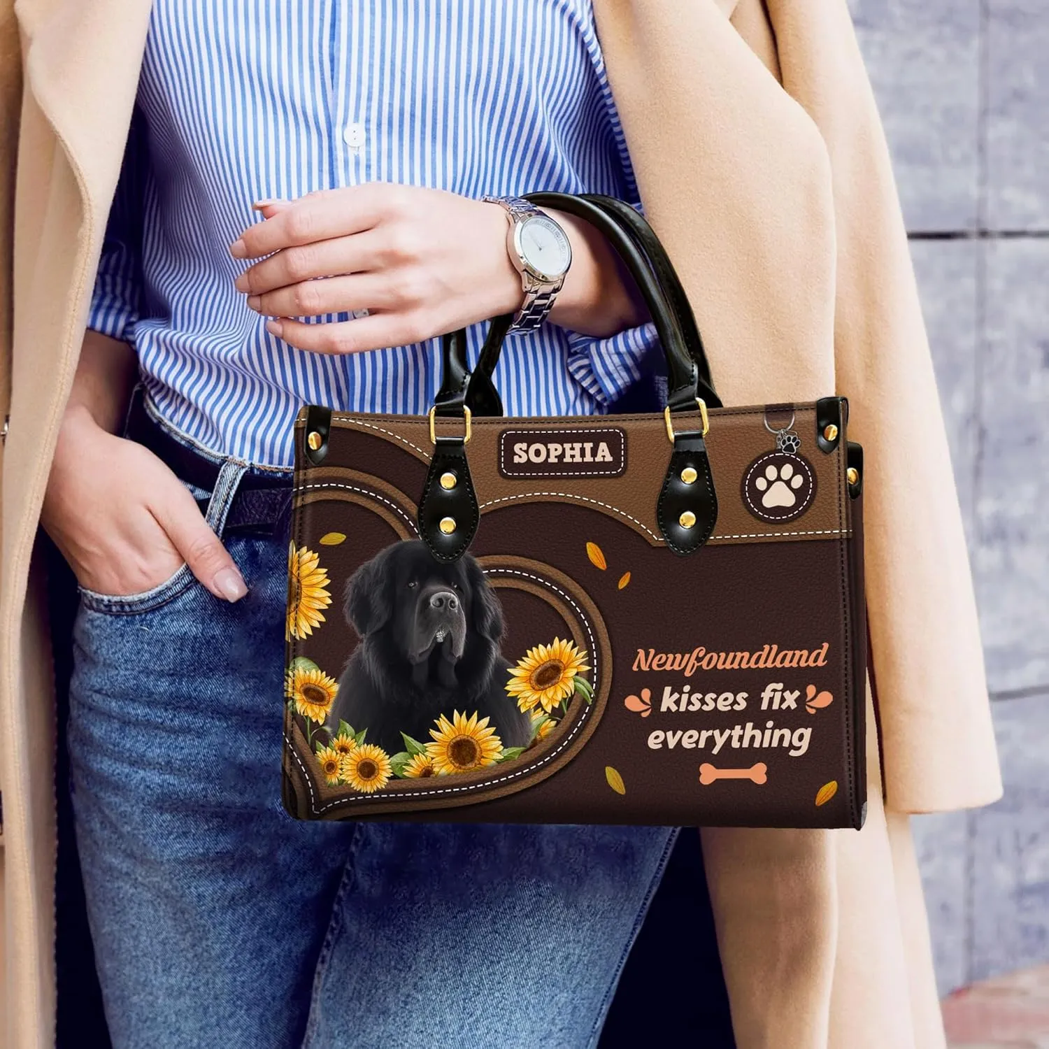 Personalized Newfoundland Dog Handbags, Custom Name Dog Leather Bags, Purses, Shoulder Bag, Gift For Dog Mom Dog Lover