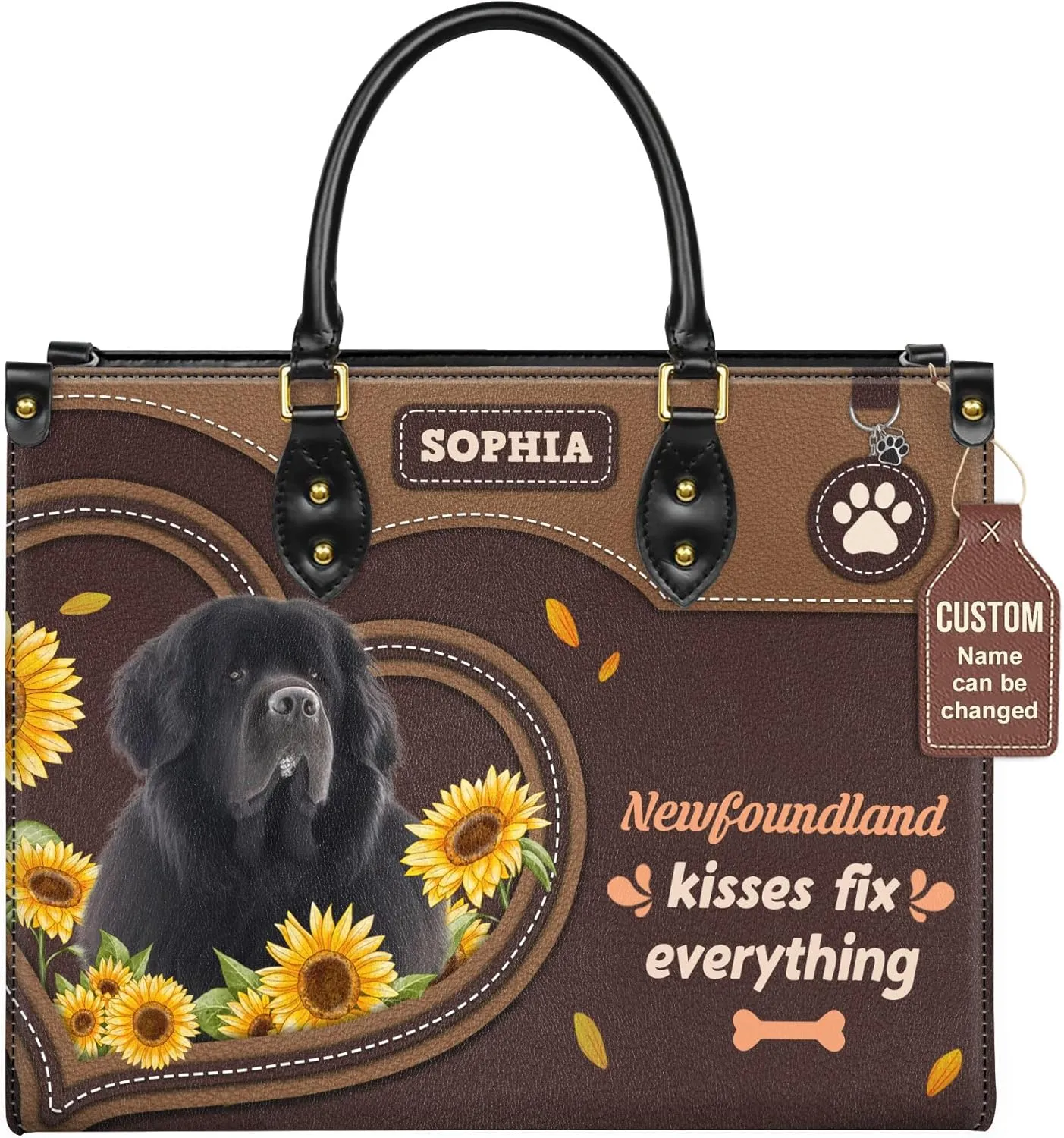 Personalized Newfoundland Dog Handbags, Custom Name Dog Leather Bags, Purses, Shoulder Bag, Gift For Dog Mom Dog Lover