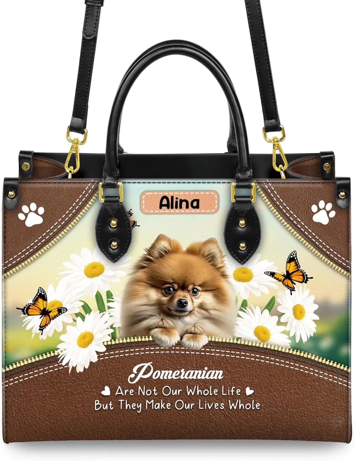 Personalized Pomeranian Dog Handbags, Custom Name Dog Leather Bags, Purses, Shoulder Bag, Gift For Dog Mom Dog Lover
