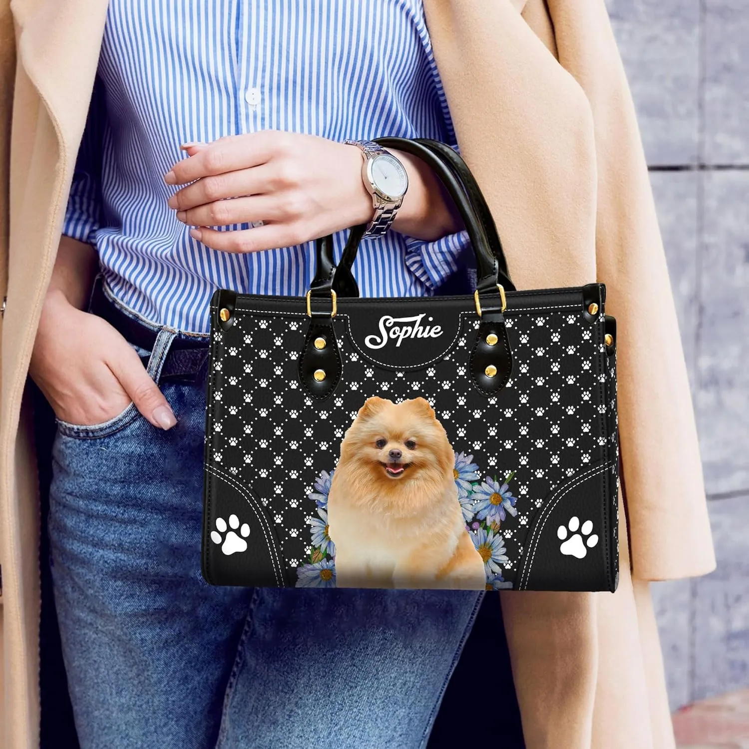 Personalized Pomeranian Dog Handbags, Custom Name Dog Leather Bags, Purses, Shoulder Bag, Gift For Dog Mom Dog Lover