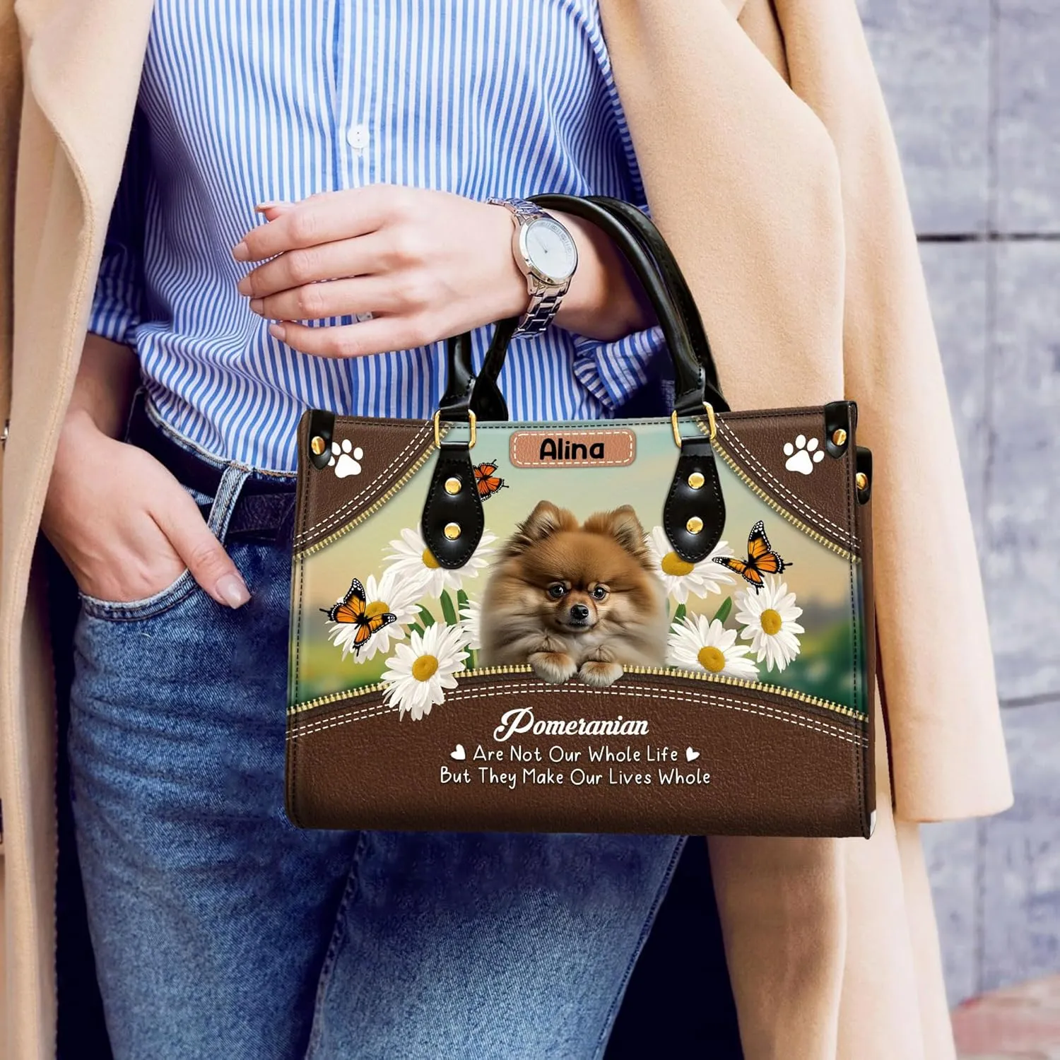 Personalized Pomeranian Dog Handbags, Custom Name Dog Leather Bags, Purses, Shoulder Bag, Gift For Dog Mom Dog Lover