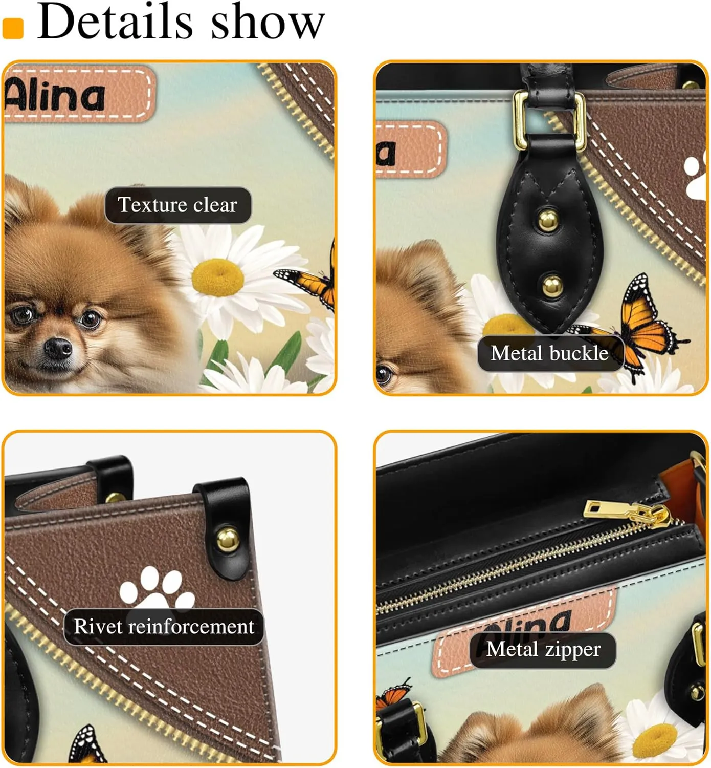 Personalized Pomeranian Dog Handbags, Custom Name Dog Leather Bags, Purses, Shoulder Bag, Gift For Dog Mom Dog Lover