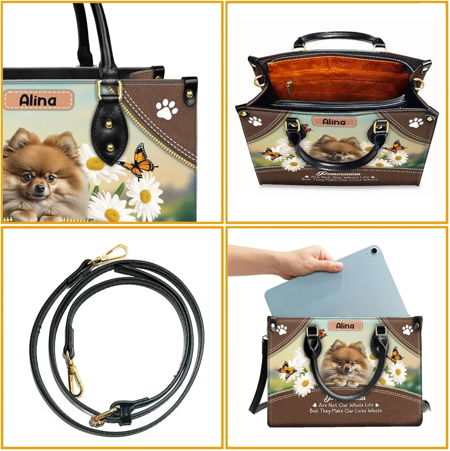 Personalized Pomeranian Dog Handbags, Custom Name Dog Leather Bags, Purses, Shoulder Bag, Gift For Dog Mom Dog Lover