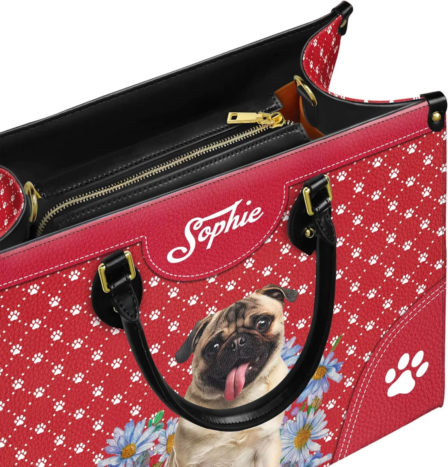 Personalized Pug Dog Handbags, Custom Name Dog Leather Bags, Purses, Shoulder Bag, Gift For Dog Mom Dog Lover