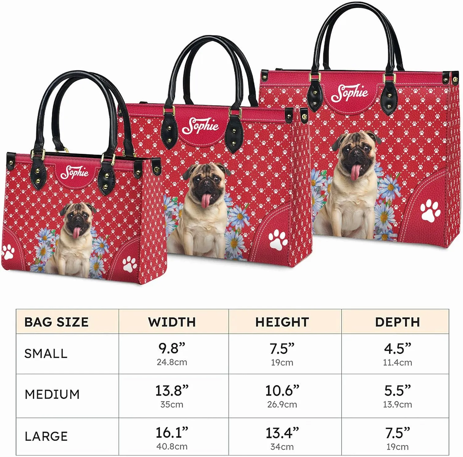 Personalized Pug Dog Handbags, Custom Name Dog Leather Bags, Purses, Shoulder Bag, Gift For Dog Mom Dog Lover