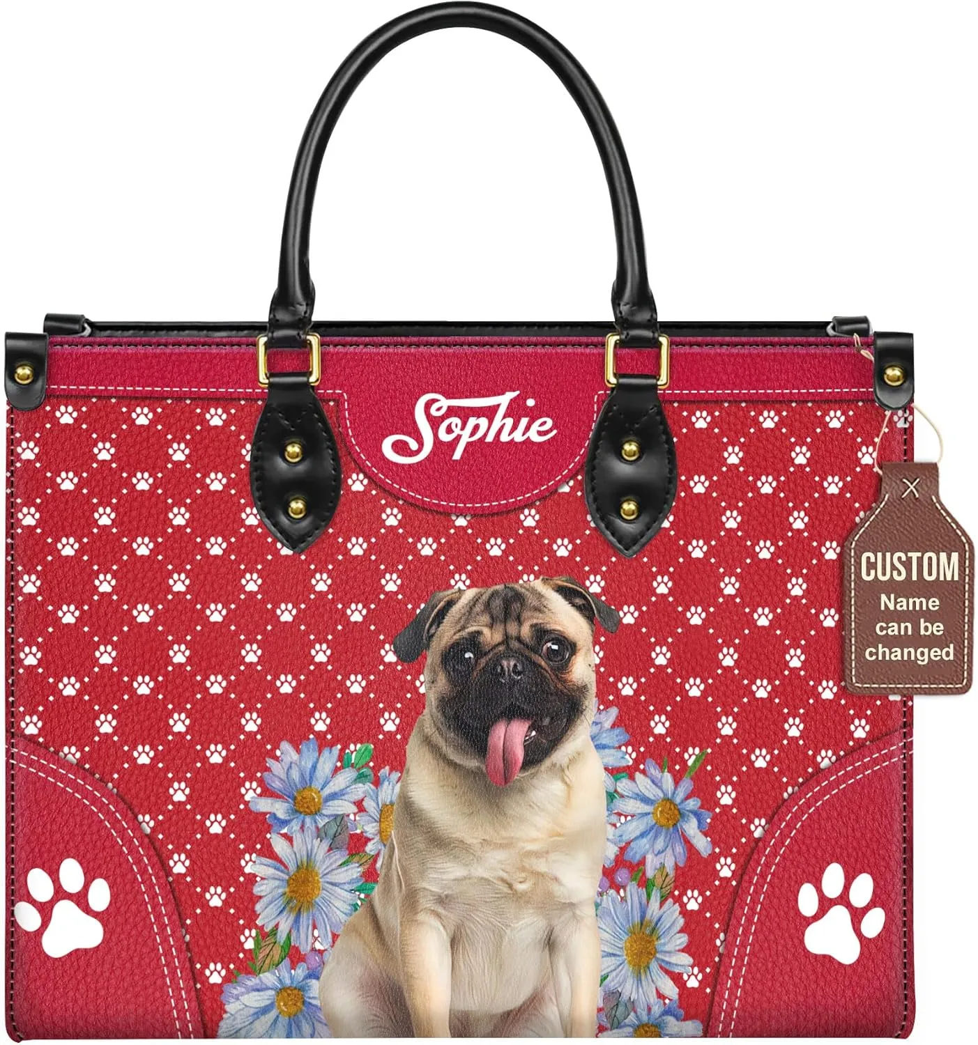 Personalized Pug Dog Handbags, Custom Name Dog Leather Bags, Purses, Shoulder Bag, Gift For Dog Mom Dog Lover