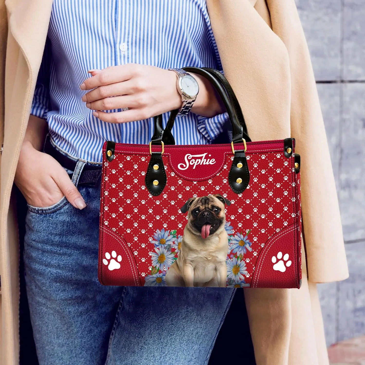 Personalized Pug Dog Handbags, Custom Name Dog Leather Bags, Purses, Shoulder Bag, Gift For Dog Mom Dog Lover