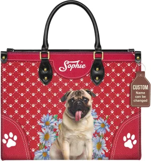 Personalized Pug Dog Handbags, Custom Name Dog Leather Bags, Purses, Shoulder Bag, Gift For Dog Mom Dog Lover