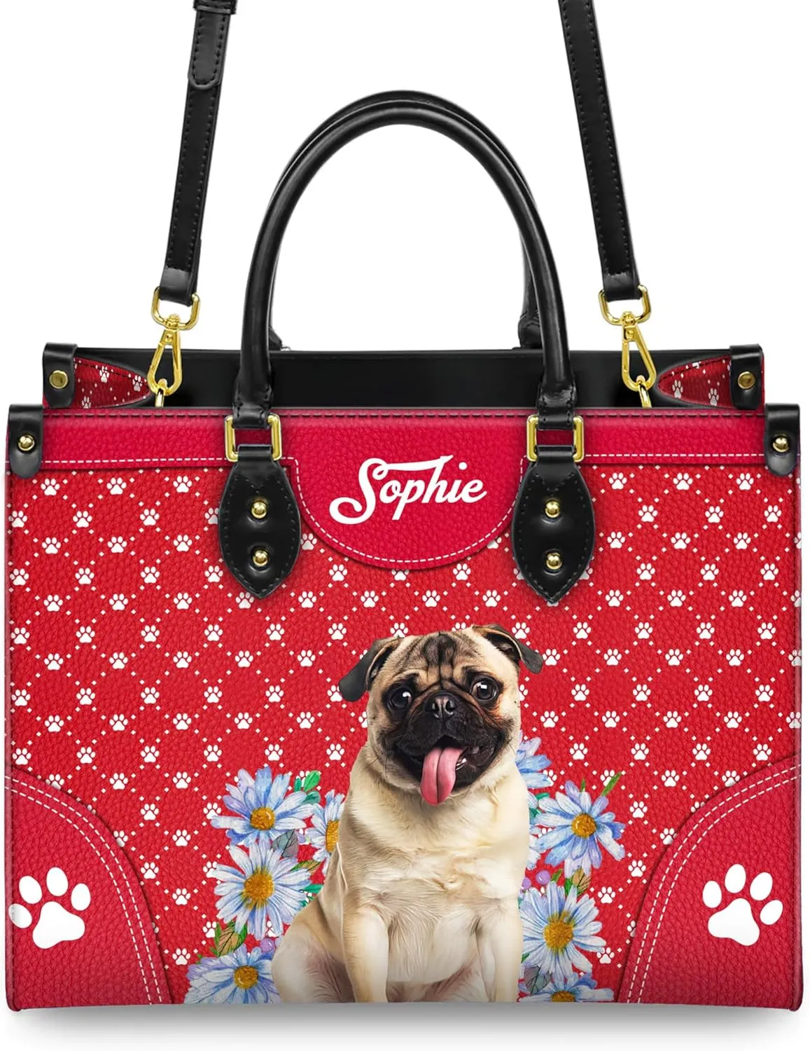 Personalized Pug Dog Handbags, Custom Name Dog Leather Bags, Purses, Shoulder Bag, Gift For Dog Mom Dog Lover