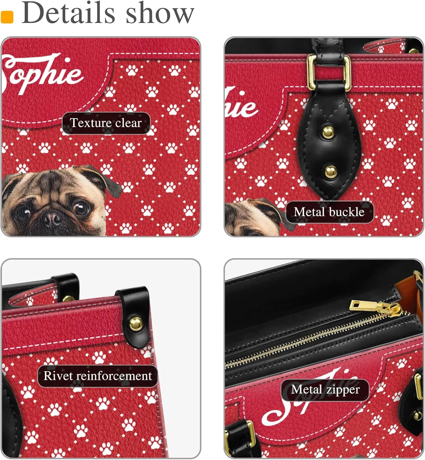 Personalized Pug Dog Handbags, Custom Name Dog Leather Bags, Purses, Shoulder Bag, Gift For Dog Mom Dog Lover