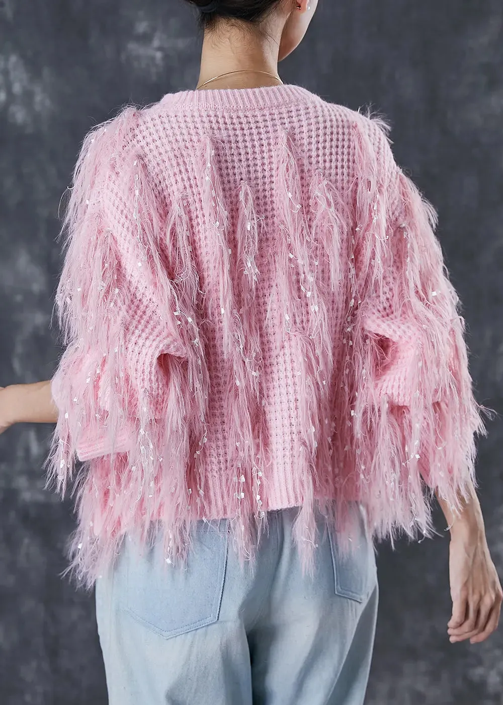 Pink Tasseled Sequins Knit Sweater