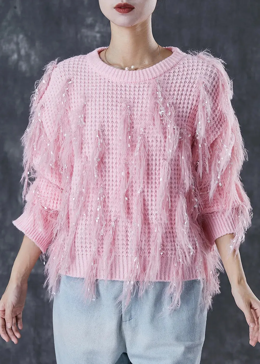 Pink Tasseled Sequins Knit Sweater