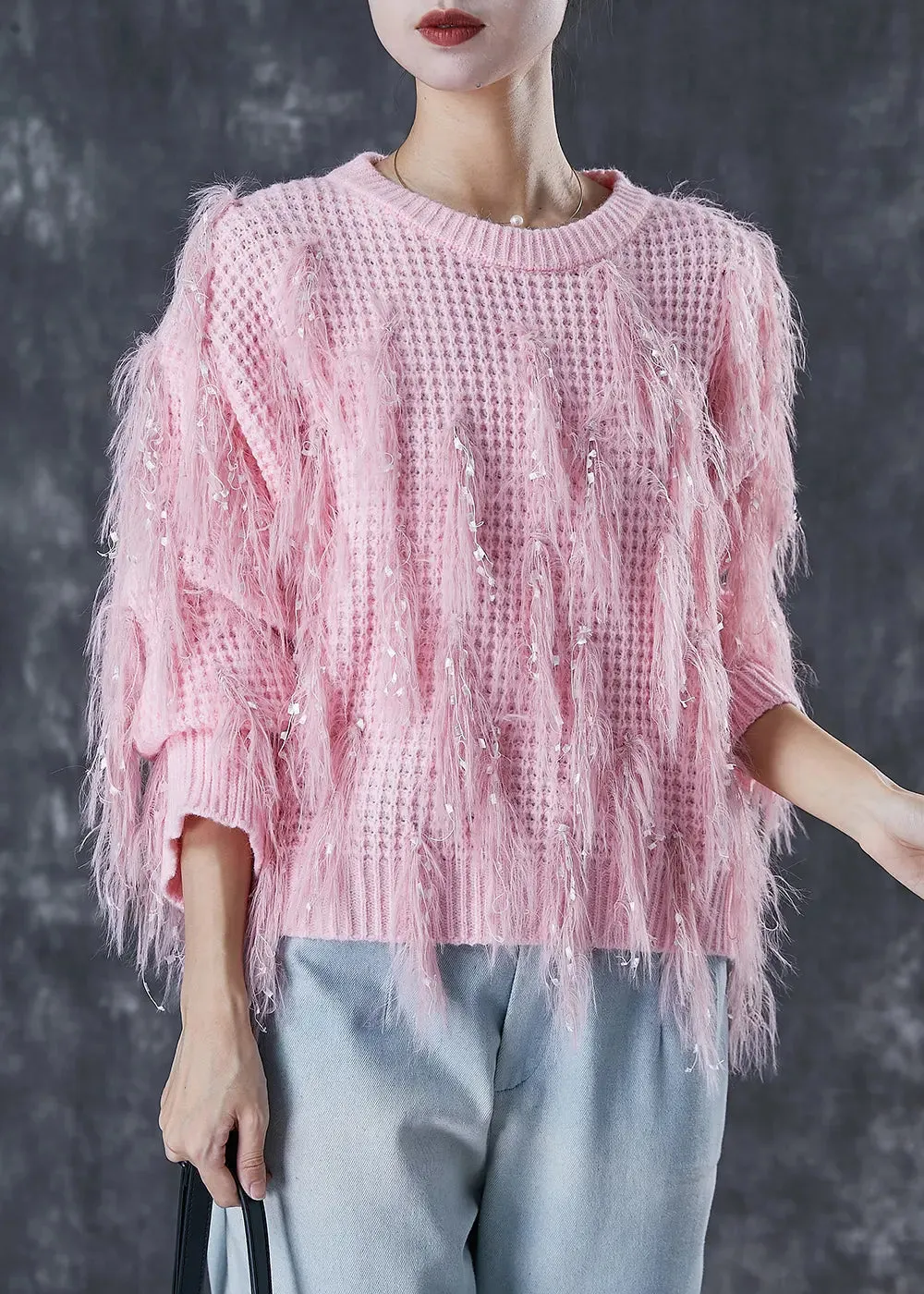 Pink Tasseled Sequins Knit Sweater