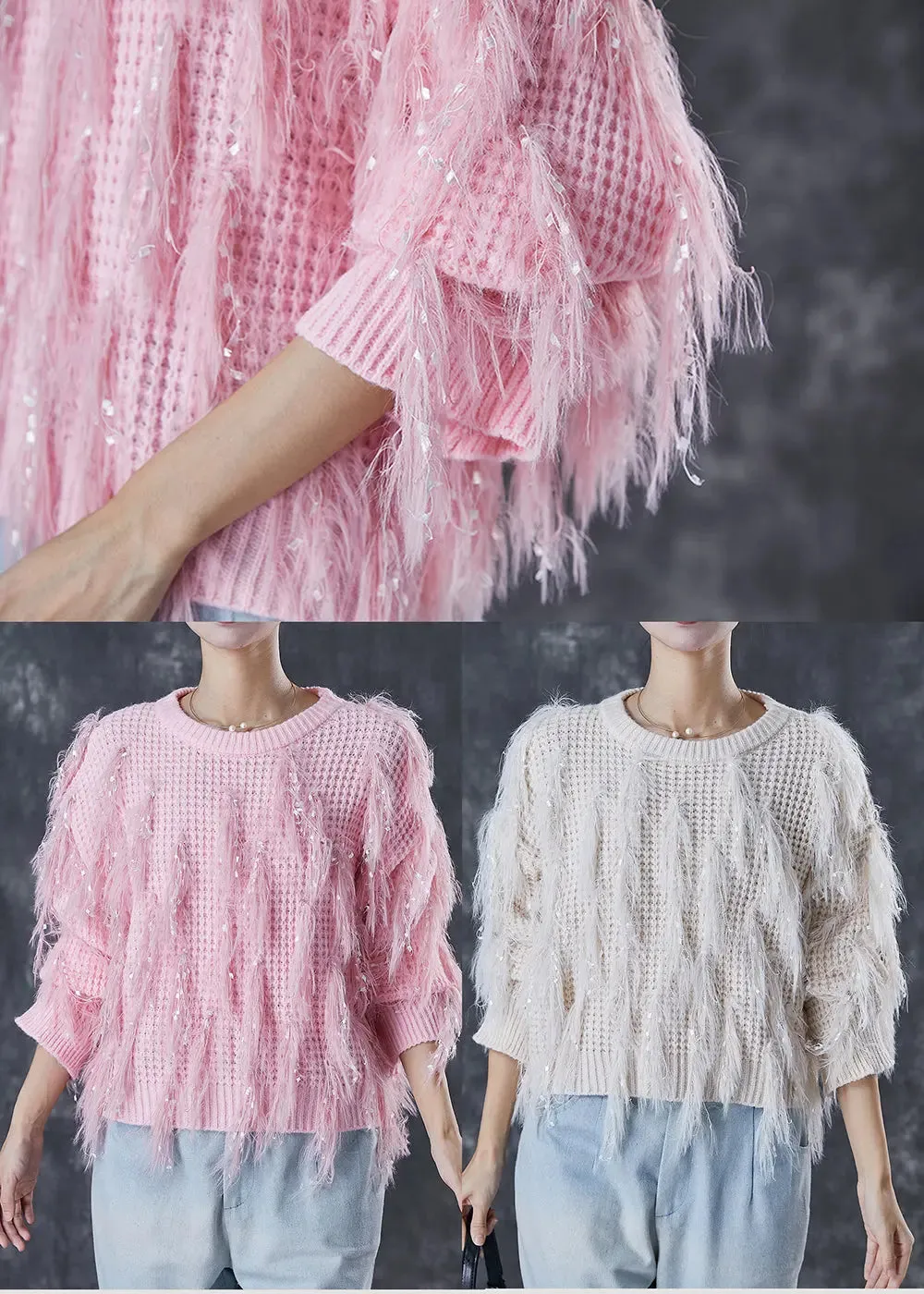 Pink Tasseled Sequins Knit Sweater