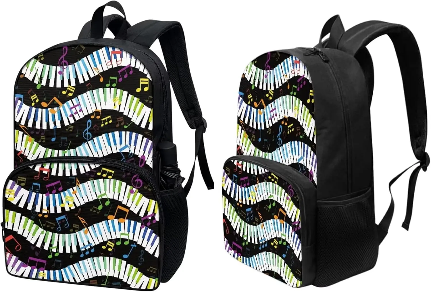 PinUp Angel Black Colorful Musical Notation Print Cute Backpacks Sets with Pencil Bag Lunch Bag for Girls Boys, Kids Travel Backpack School Bags Bookbag Gift