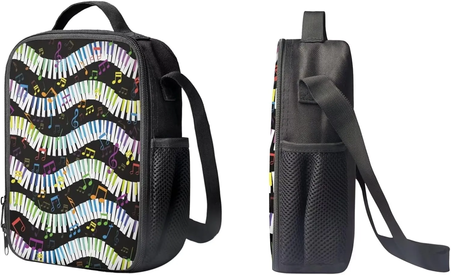 PinUp Angel Black Colorful Musical Notation Print Cute Backpacks Sets with Pencil Bag Lunch Bag for Girls Boys, Kids Travel Backpack School Bags Bookbag Gift