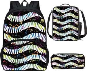PinUp Angel Black Colorful Musical Notation Print Cute Backpacks Sets with Pencil Bag Lunch Bag for Girls Boys, Kids Travel Backpack School Bags Bookbag Gift