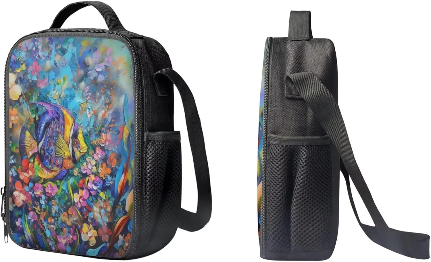 PinUp Angel Floral Angelfish Print Kids Backpack with Lunch Bag Pencil Bag for Kids Cute Art Oil Painting Animal Patterned Backpacks Elementary Bookbag School Bag