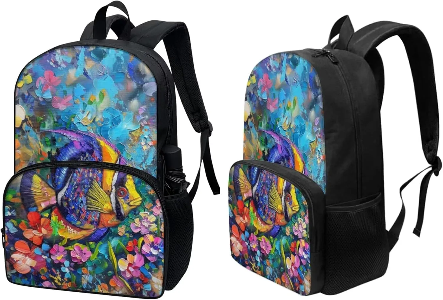 PinUp Angel Floral Angelfish Print Kids Backpack with Lunch Bag Pencil Bag for Kids Cute Art Oil Painting Animal Patterned Backpacks Elementary Bookbag School Bag