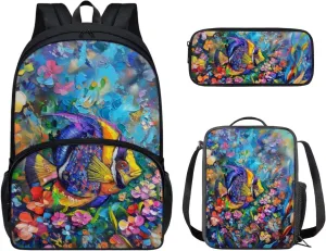 PinUp Angel Floral Angelfish Print Kids Backpack with Lunch Bag Pencil Bag for Kids Cute Art Oil Painting Animal Patterned Backpacks Elementary Bookbag School Bag