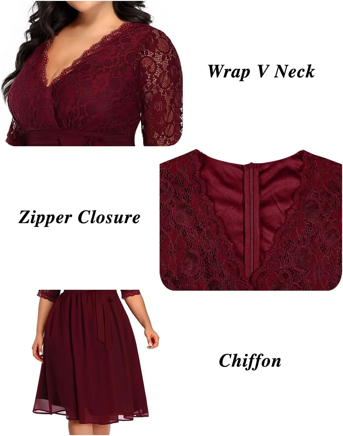 Pinup Fashion Plus Size Lace Chiffon Wrap V Neck Dresses Women Cocktail Wedding Guest Midi Dress