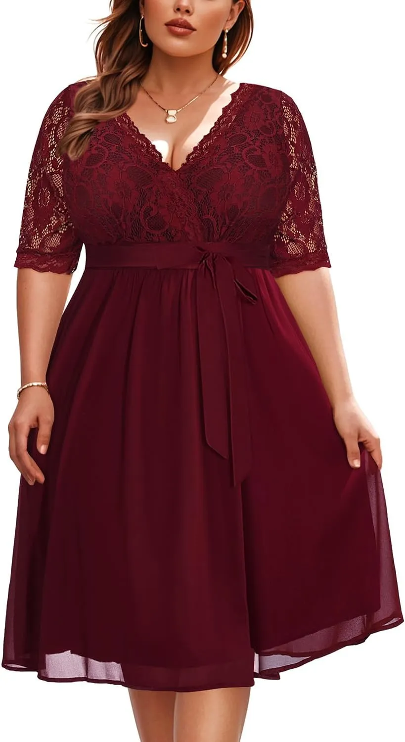 Pinup Fashion Plus Size Lace Chiffon Wrap V Neck Dresses Women Cocktail Wedding Guest Midi Dress