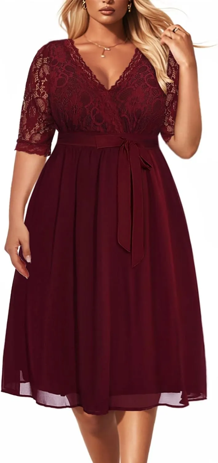 Pinup Fashion Plus Size Lace Chiffon Wrap V Neck Dresses Women Cocktail Wedding Guest Midi Dress