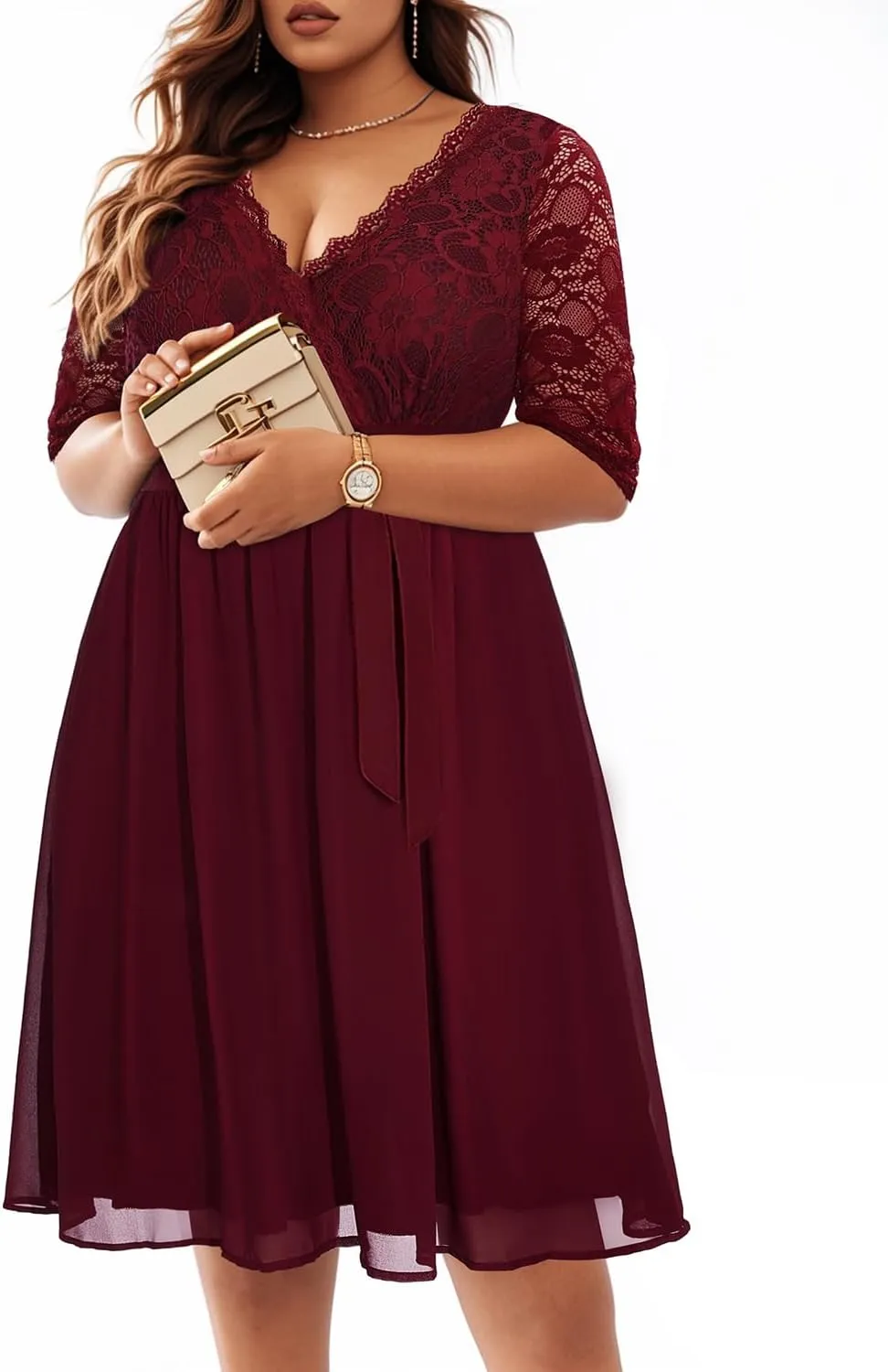 Pinup Fashion Plus Size Lace Chiffon Wrap V Neck Dresses Women Cocktail Wedding Guest Midi Dress
