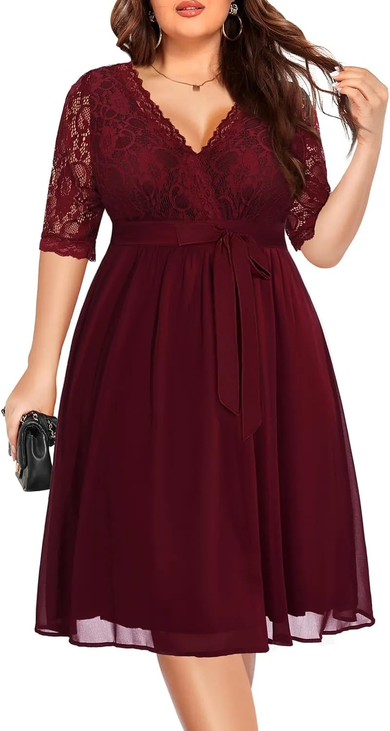 Pinup Fashion Plus Size Lace Chiffon Wrap V Neck Dresses Women Cocktail Wedding Guest Midi Dress