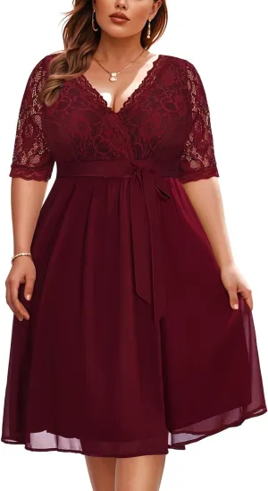 Pinup Fashion Plus Size Lace Chiffon Wrap V Neck Dresses Women Cocktail Wedding Guest Midi Dress