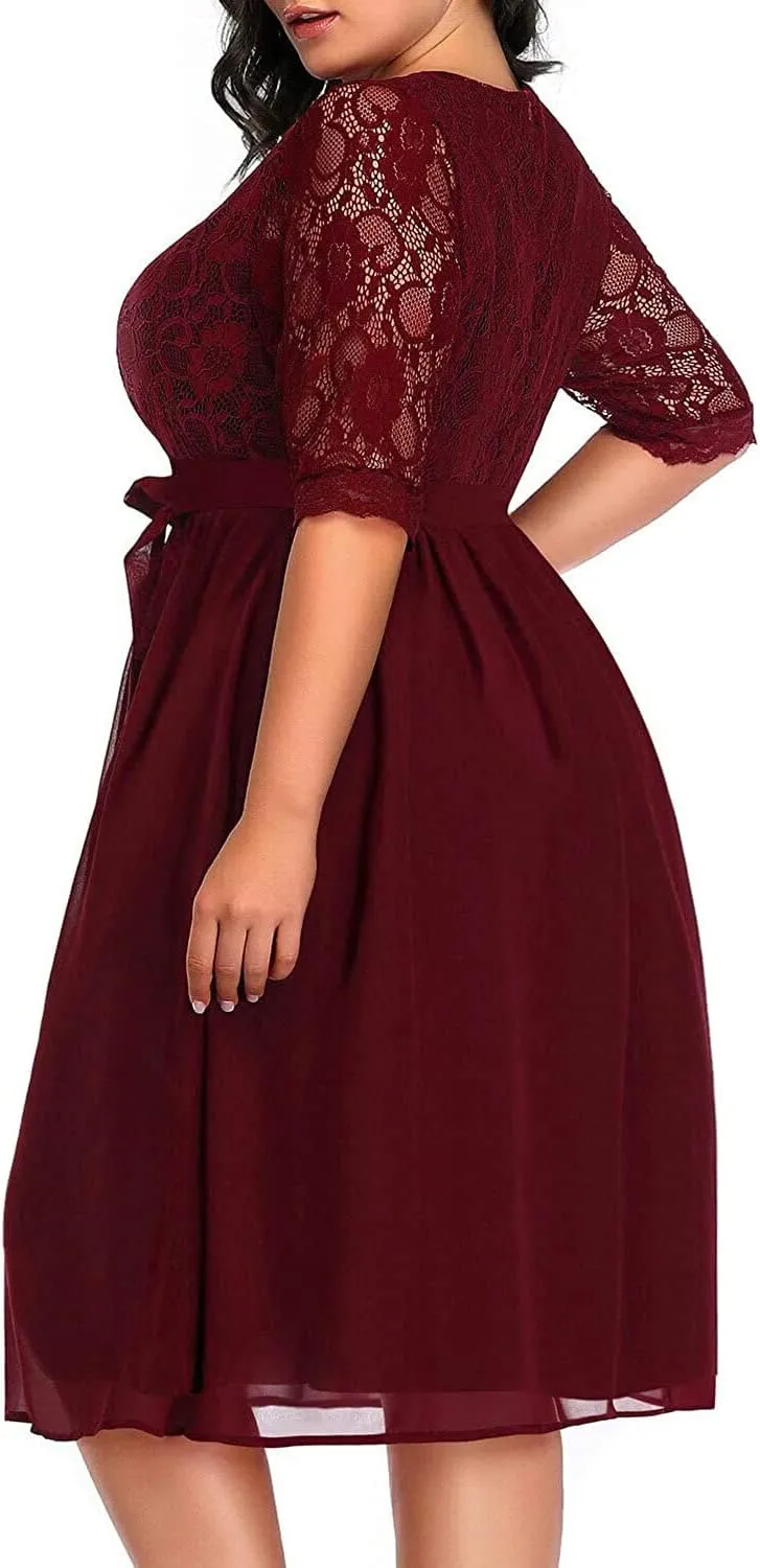 Pinup Fashion Plus Size Lace Chiffon Wrap V Neck Dresses Women Cocktail Wedding Guest Midi Dress