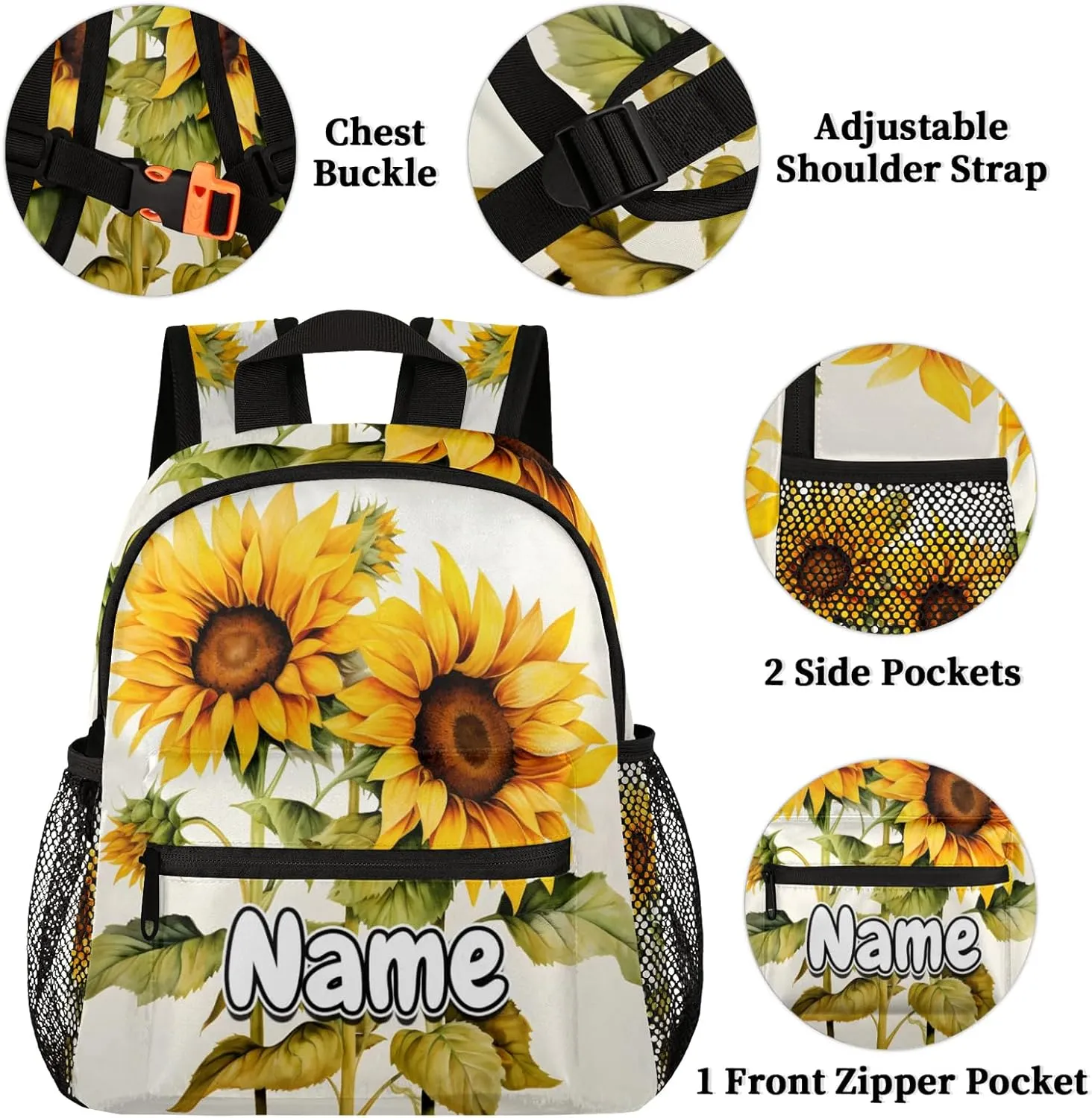 Plants Theme Sunflower Personalized Backpack Bag with Name Lightweight Custom Shoulder Bags Waterproof Casual Backpacks Travel Laptop Bag for Work Picnic 12in