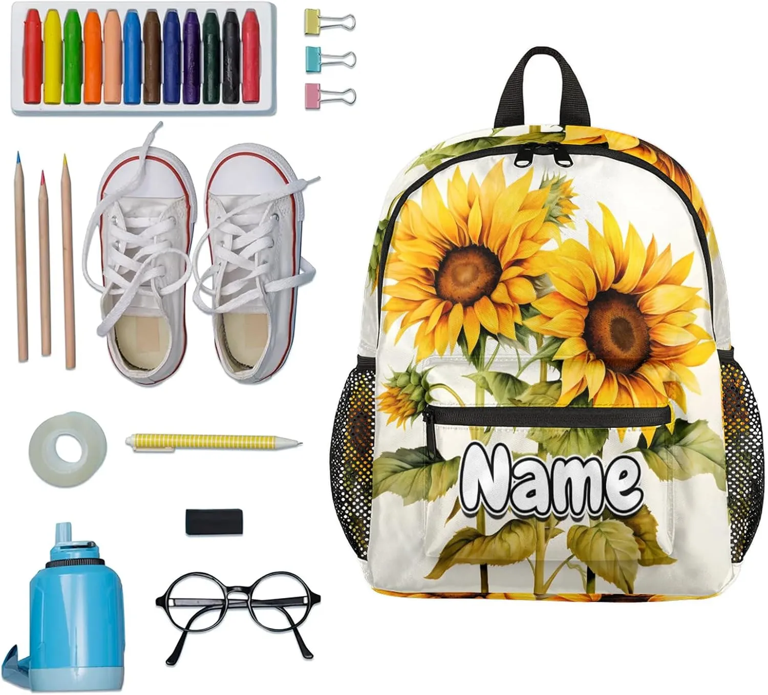 Plants Theme Sunflower Personalized Backpack Bag with Name Lightweight Custom Shoulder Bags Waterproof Casual Backpacks Travel Laptop Bag for Work Picnic 12in