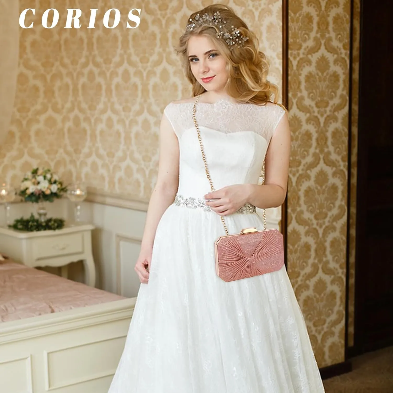 Pleated Evening Bag Sparkly Sequin Clutch Bag for Women Sparkly Handbag Bridal Wedding Purse Elegant Crossbody Bag