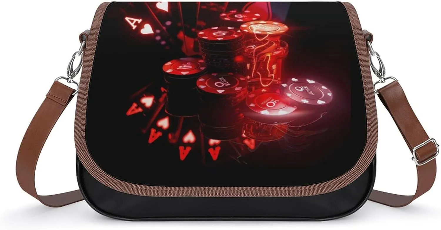 Poker Cards And Gambling Chip Women's Crossbody Bags PU Leather Shoulder Bag Handbag Purse Messenger Bag with Shoulder Strap