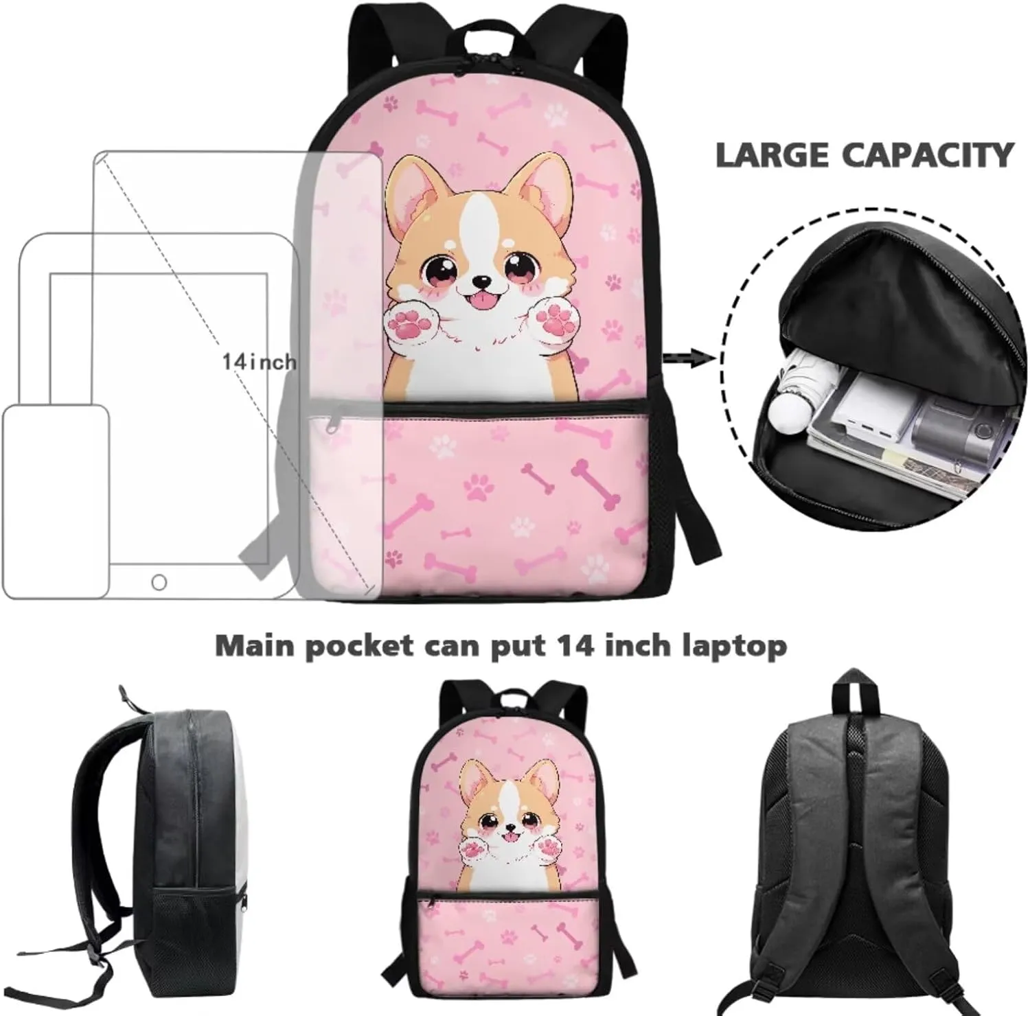 POLERO Cute Cartoon Corgi Backpacks for Dog Lovers Toddler Girls 4-6 Elementary Preschool Schoolbag Set with Lunch Box Keychain 3Pcs Bookbag for Kindergarten Primary School