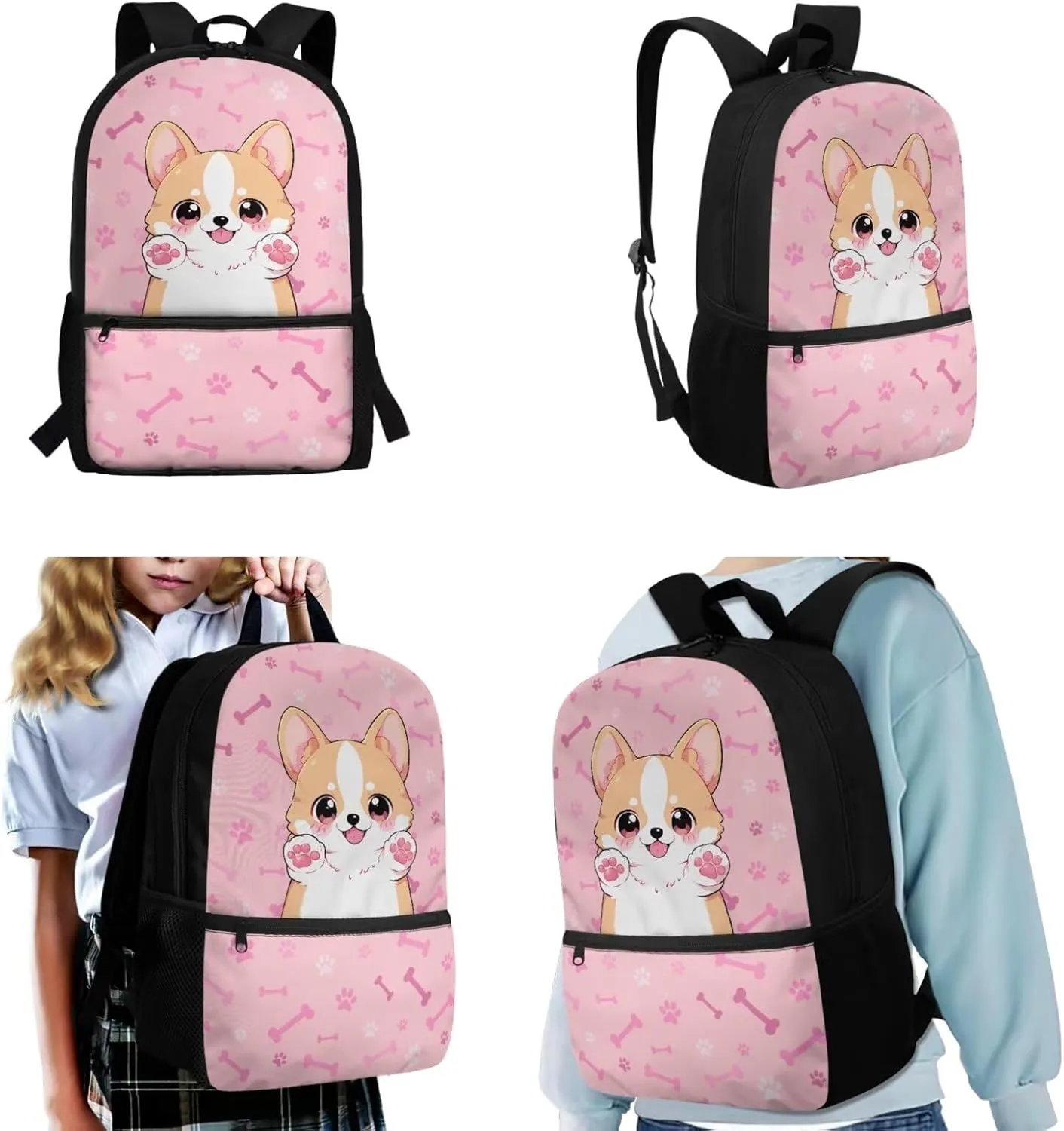 POLERO Cute Cartoon Corgi Backpacks for Dog Lovers Toddler Girls 4-6 Elementary Preschool Schoolbag Set with Lunch Box Keychain 3Pcs Bookbag for Kindergarten Primary School